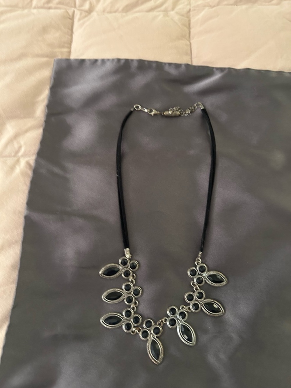 Black Statement Bib Necklace - Elegant Floral Teardrop Design